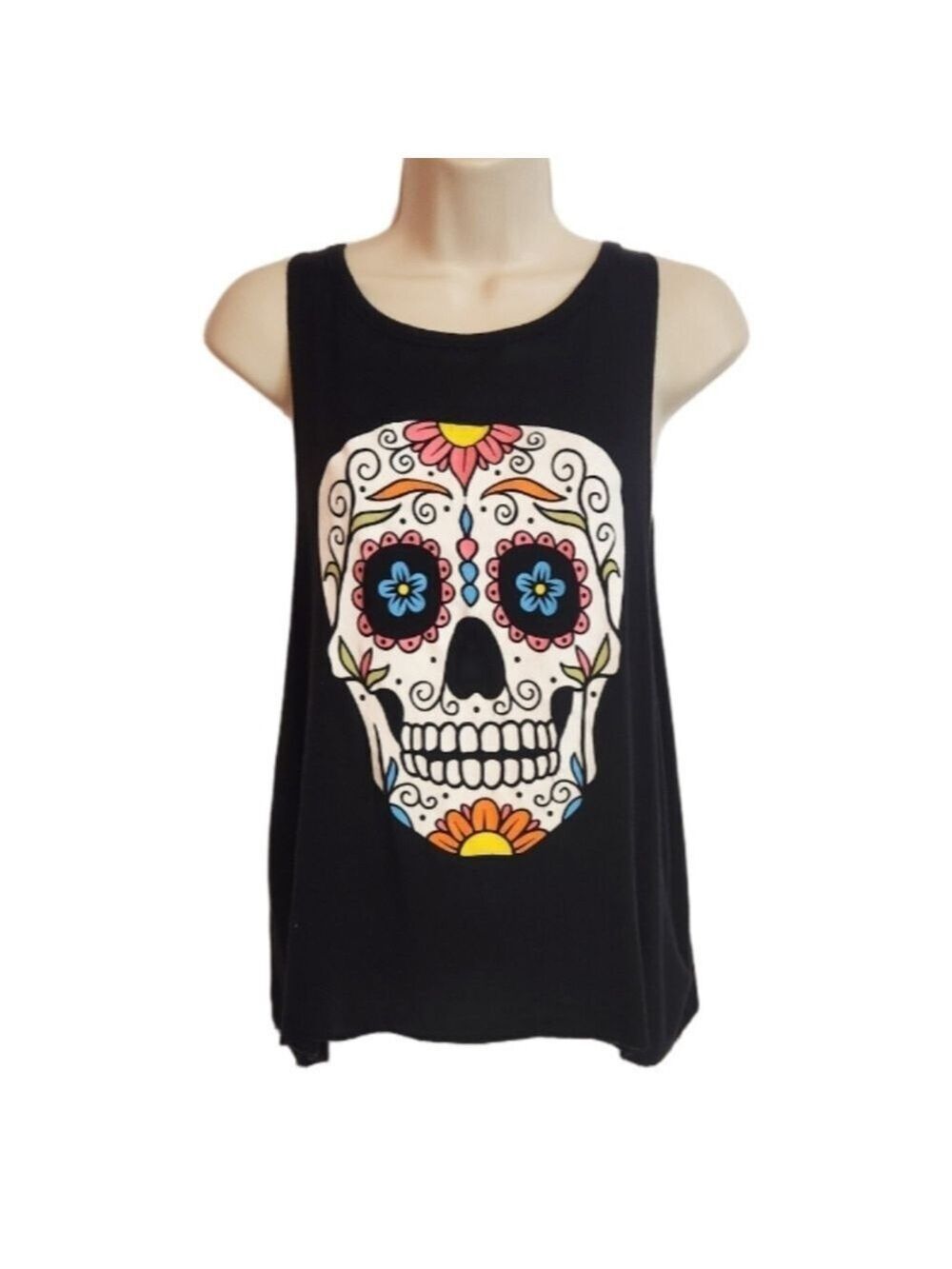 Day Of The Dead Sugar Skull Tank Top Black White Medium